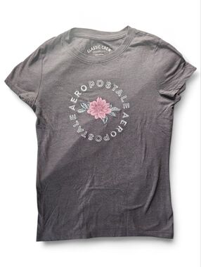 AEROPOSTALE Embroidered Floral Circle Logo Tee - Charcoal - Size L